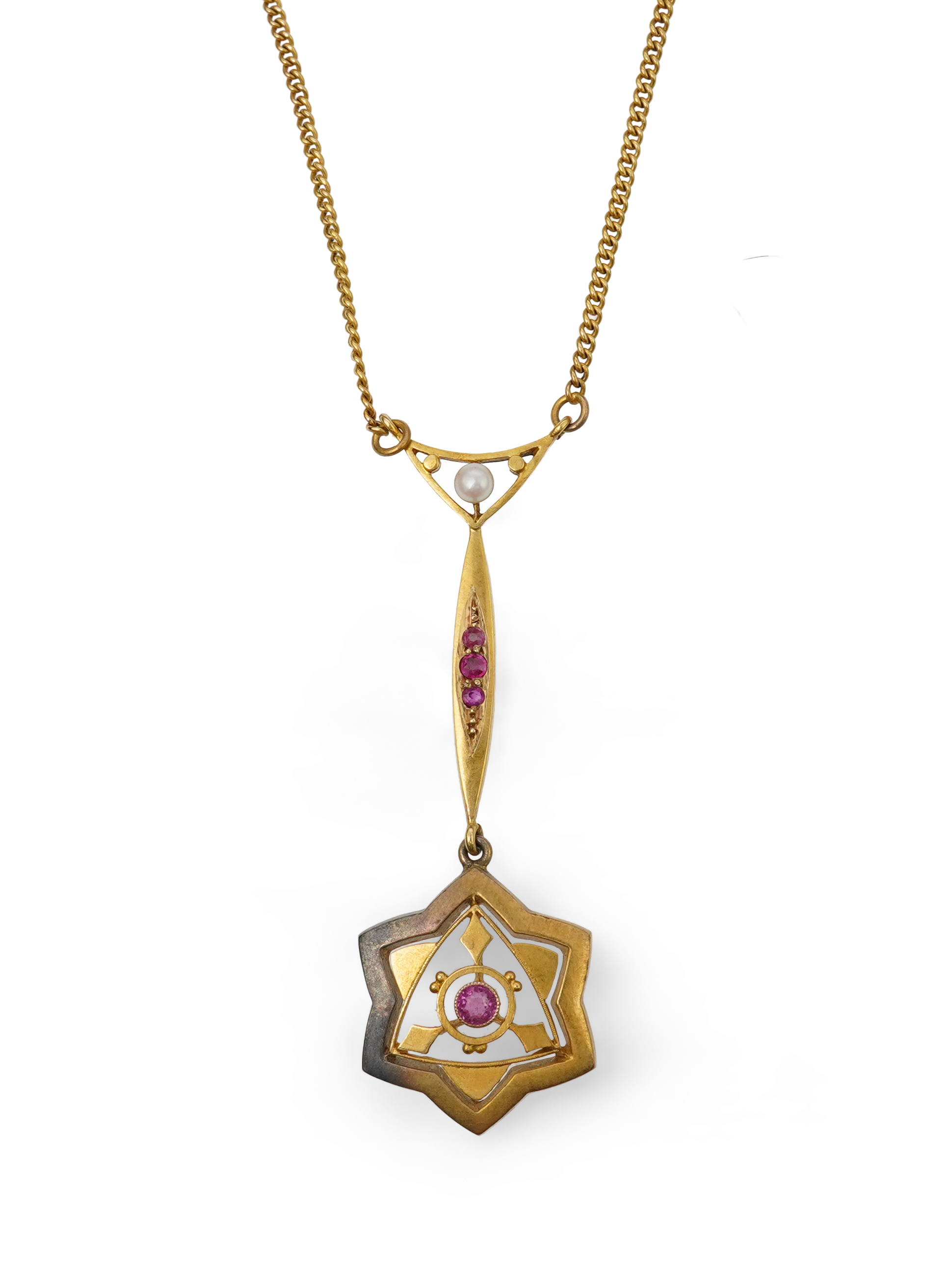 A gold, ruby and seed pearl pendant necklace, early 20th century